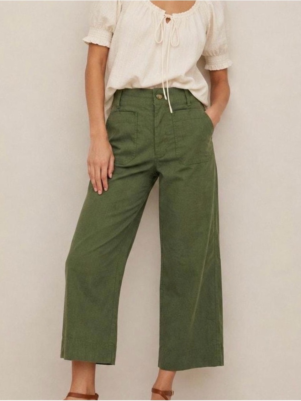 Maeve-Anthropologie Olive Green Wide-Leg UtilityChic,Earth, Capsule Wardrobe